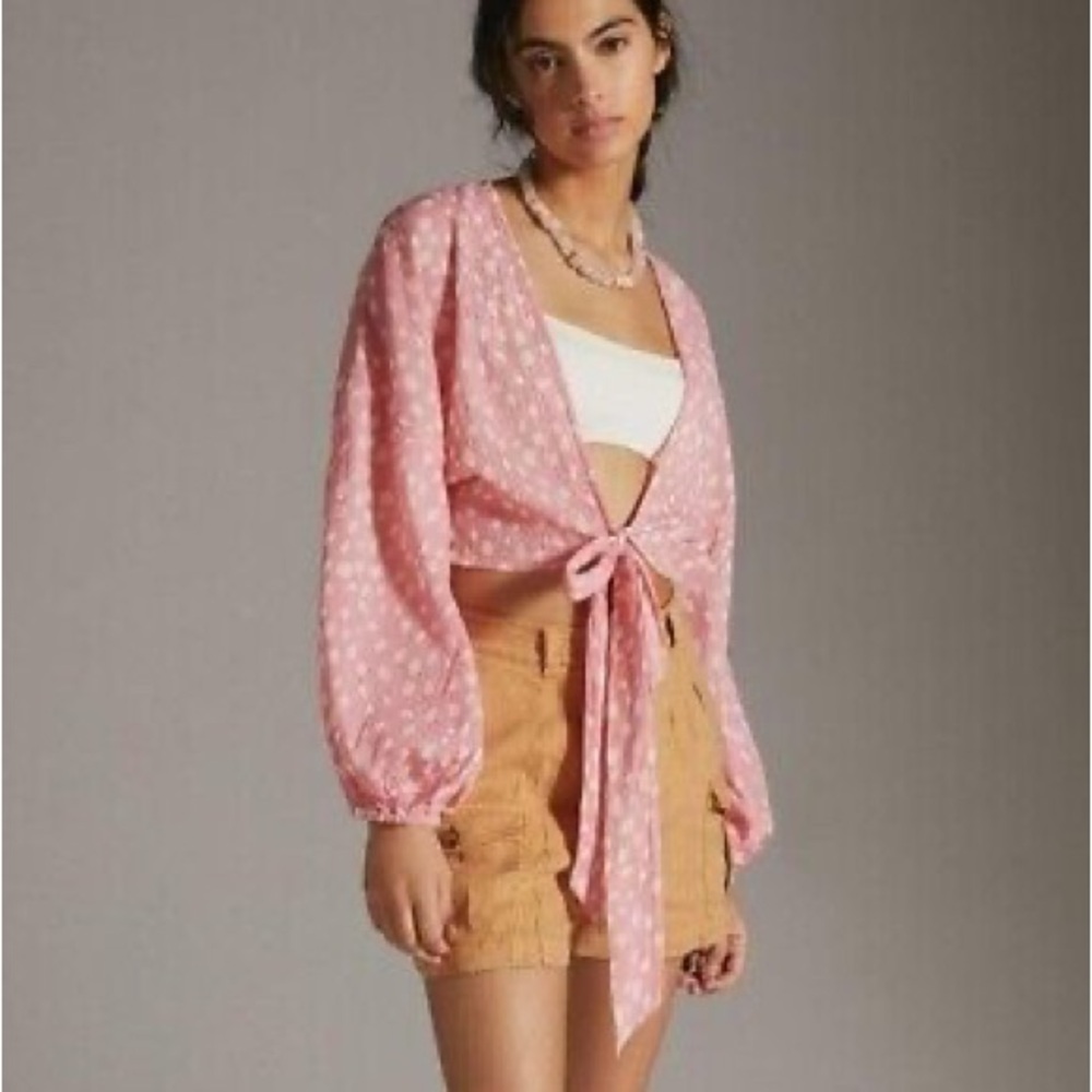 Anthropologie Top Pink White Polka Dot Wrap Tie Front Crop Kimono NWT